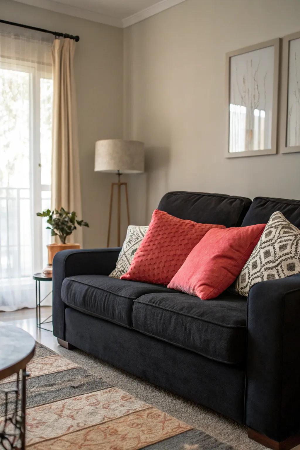 An unforeseen pop of color with a vibrant pad in a dark and pale sitting room.