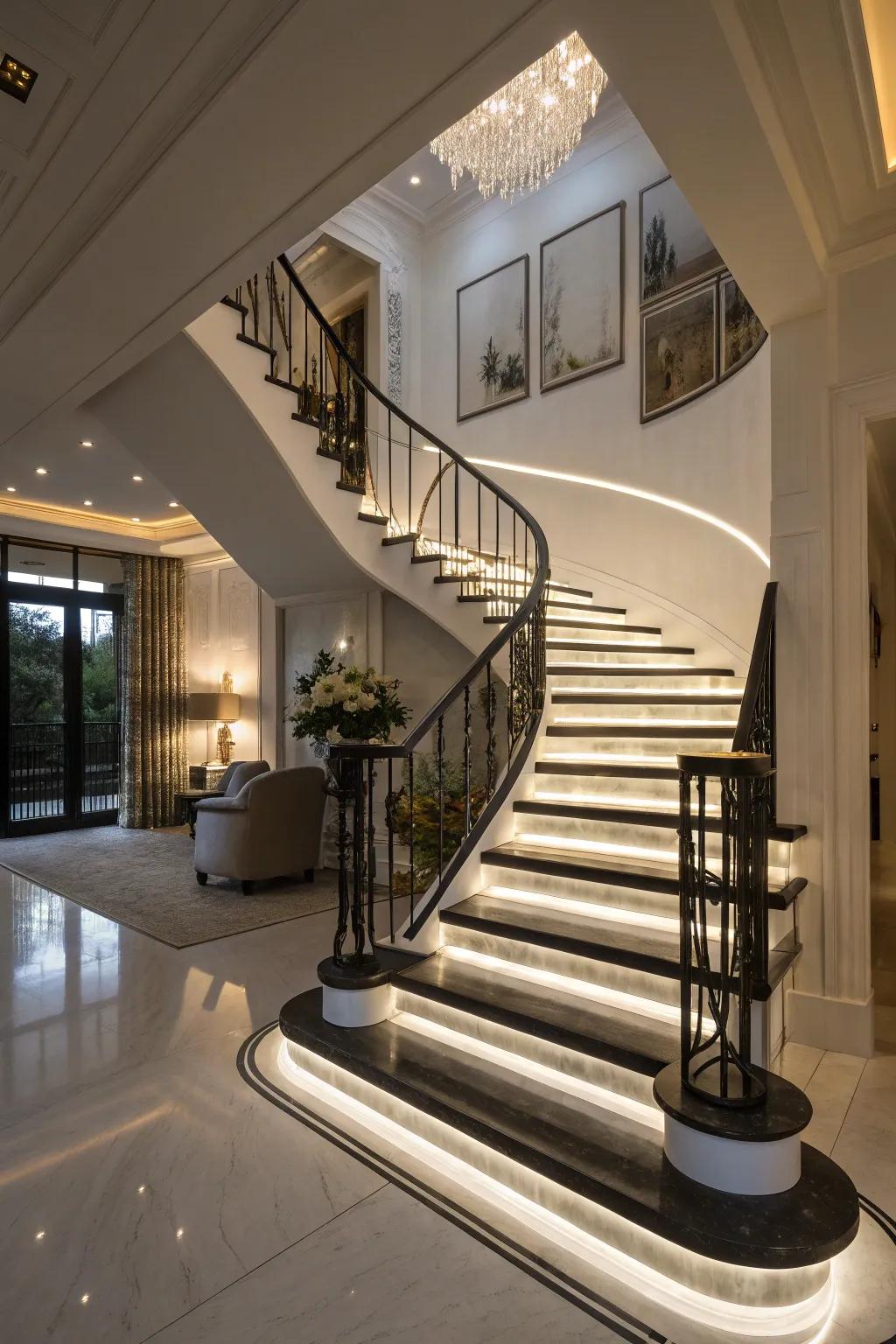 Strategic lighting elevates the impact of a staircase.