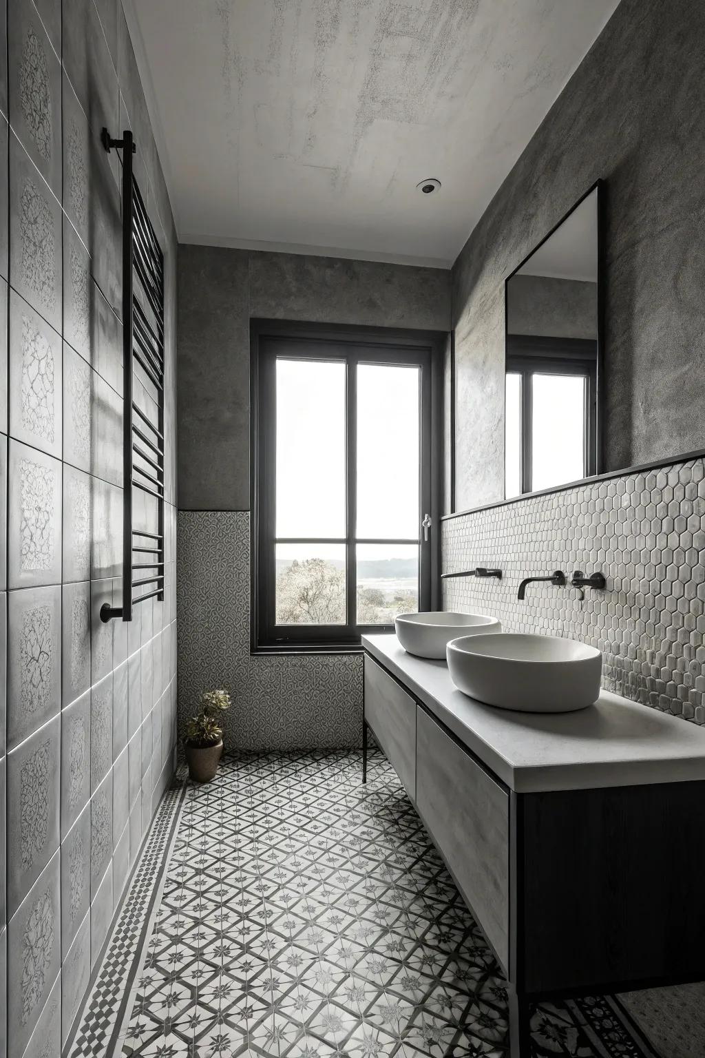 Textural surfaces add measurement to a minimalist monochrome bathroom.