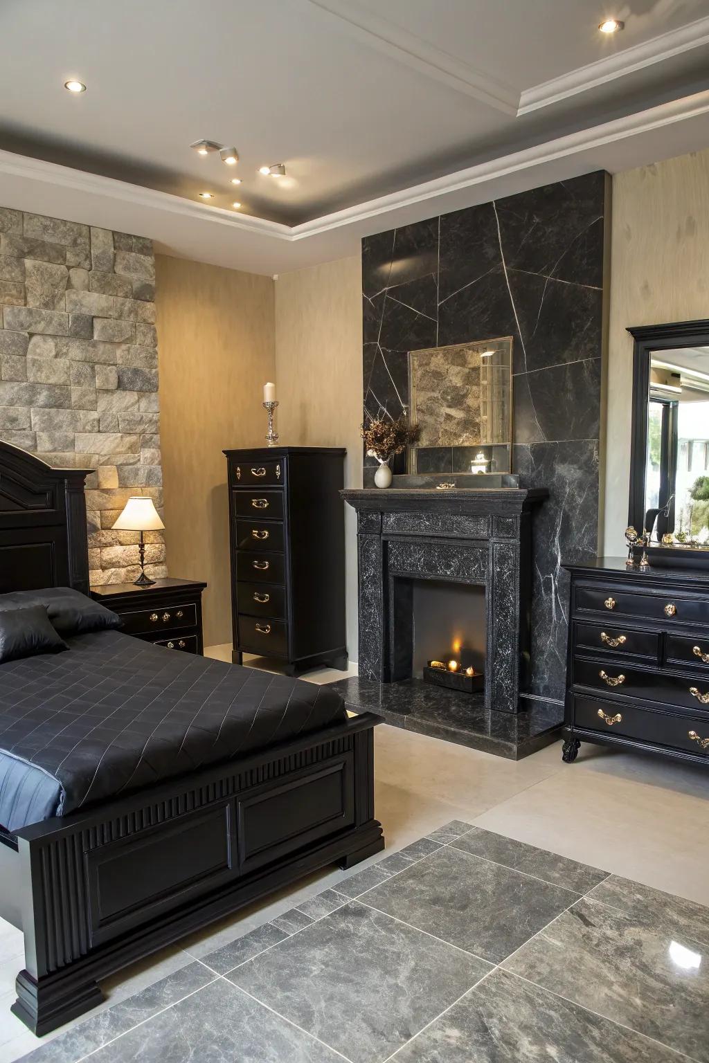 Dark rock pieces add natural luxury to this bedroom.