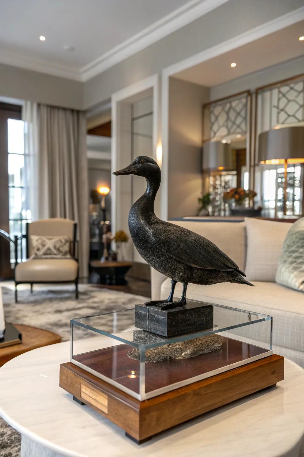 A dusky fowl mount showcased with assorted materials for appended intrigue.