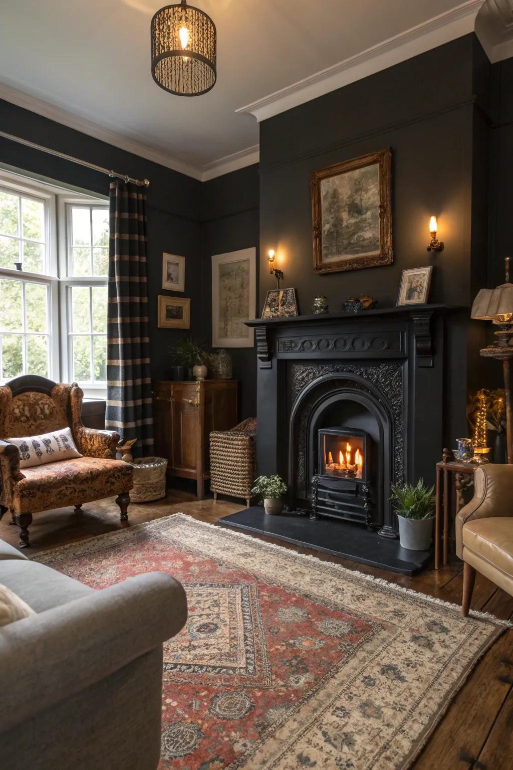Convey a hint of sentimentality through vintage features and a dark hearth.