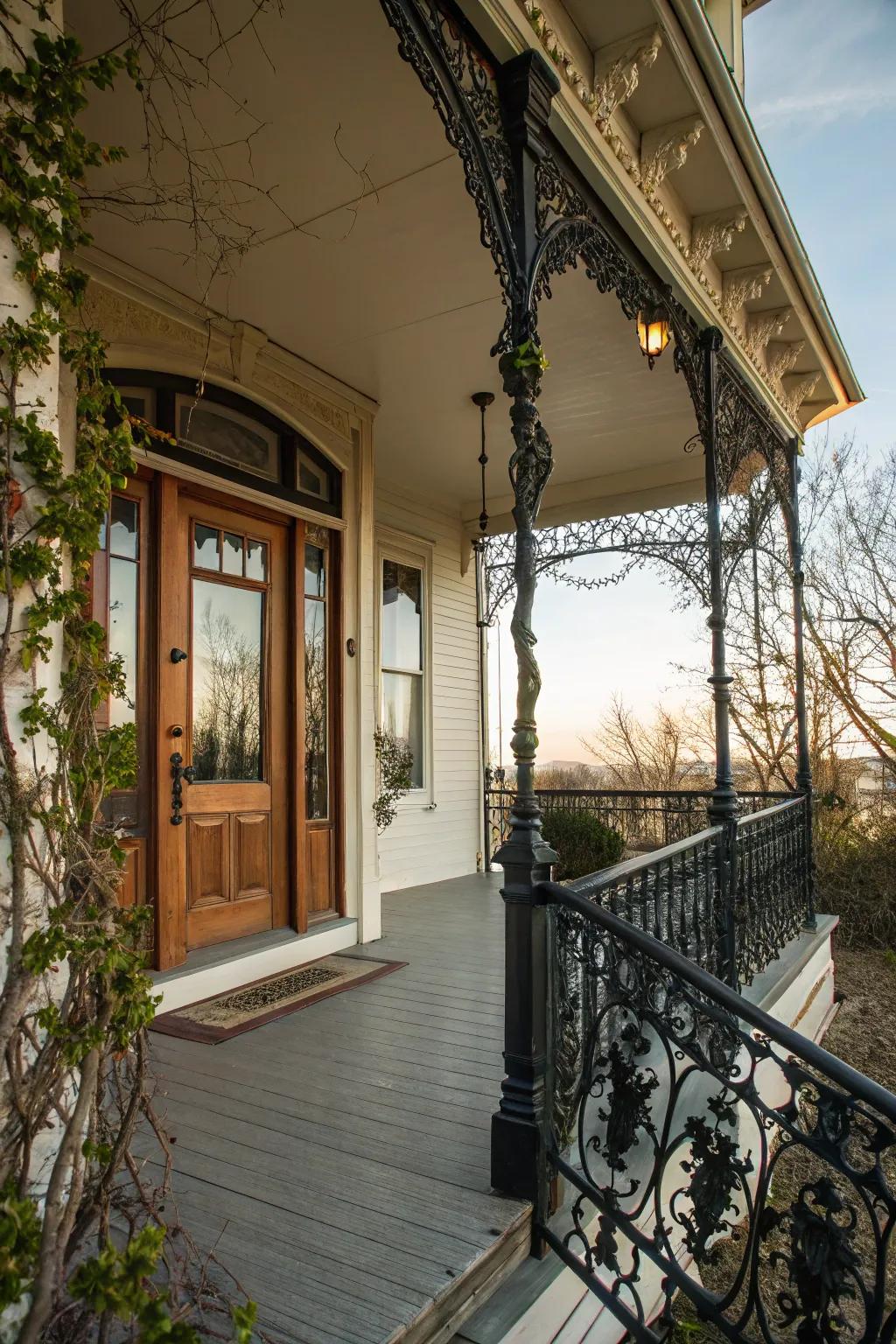 Ageless grace using vintage wrought iron railings.