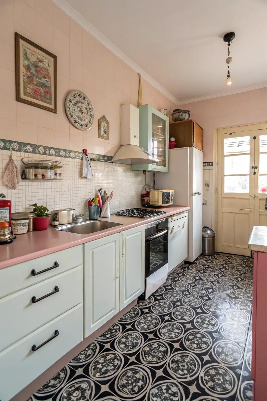 A vintage-inspired kitchen with dark patterned floor tiles.
