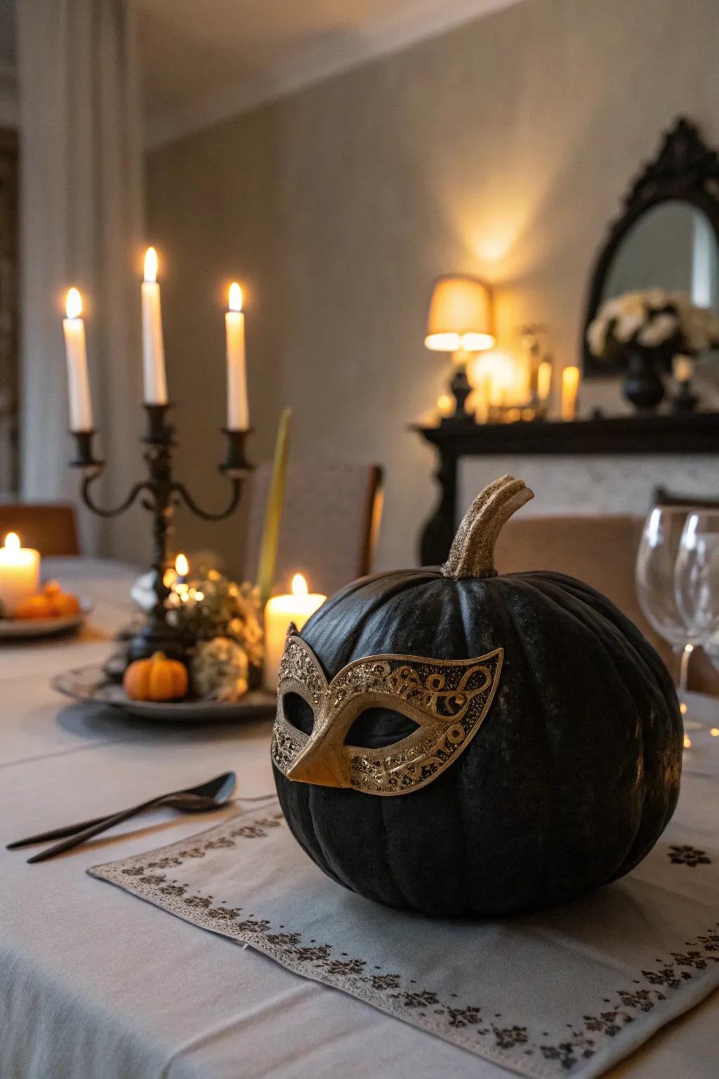 An ebony gourd featuring a masquerade visage, ideal for an elegant Hallows' Eve soirée.