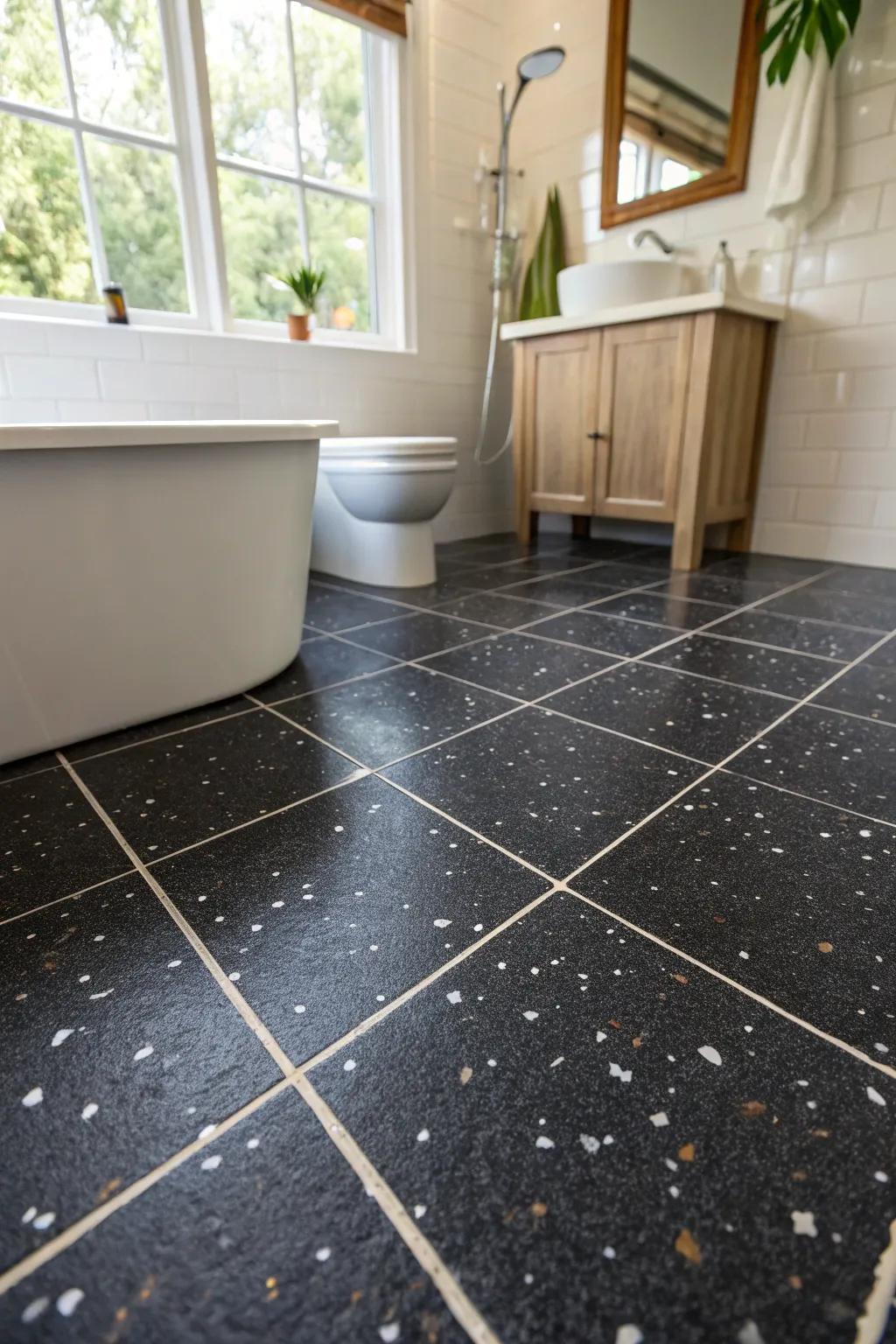 Dark terrazzo squares incorporate a dramatic texture to the bathroom floor.