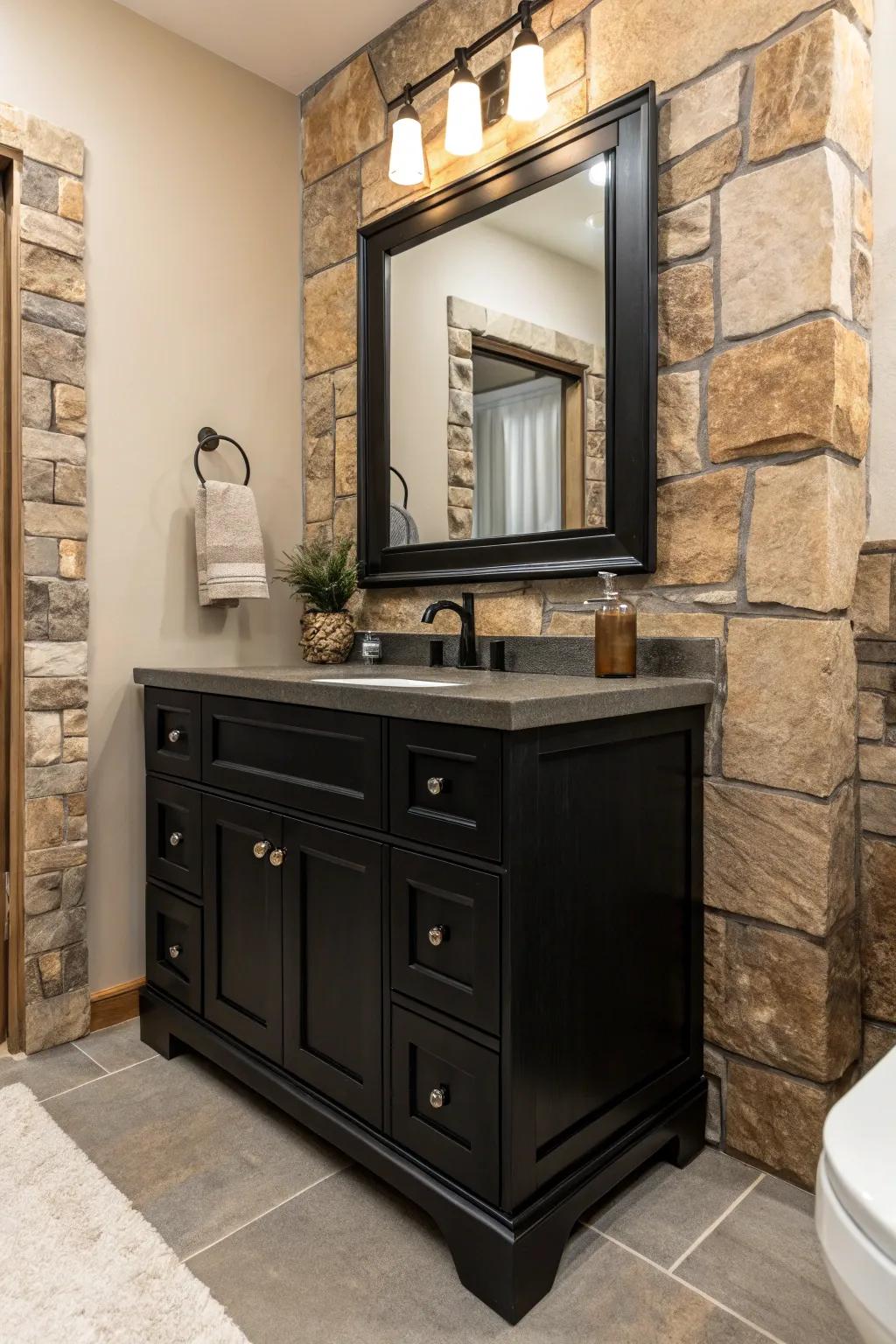Authentic stone features add a natural and textured charm to a dark washstand bathroom.