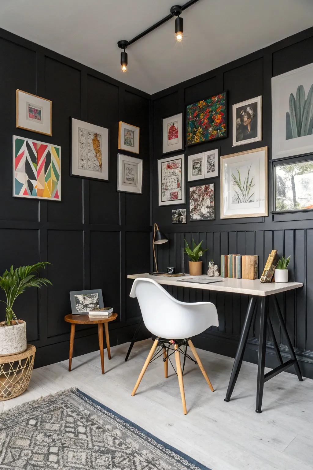 Creative studio with a sophisticated dark-toned wood panel backdrop.