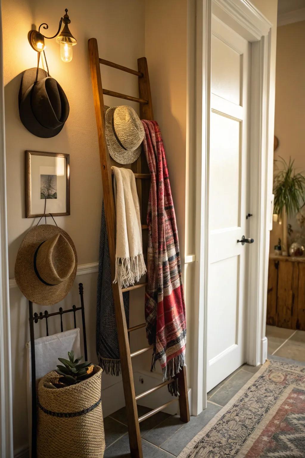 Display stairs for throws add welcoming class to an entryway.