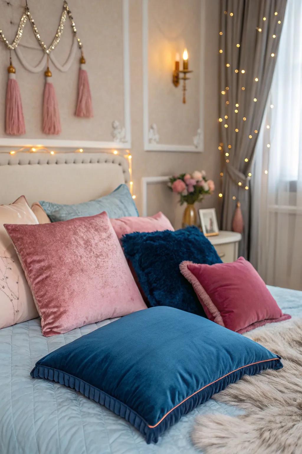 Plush cushions introduce a luxurious and tactile quality to the space.