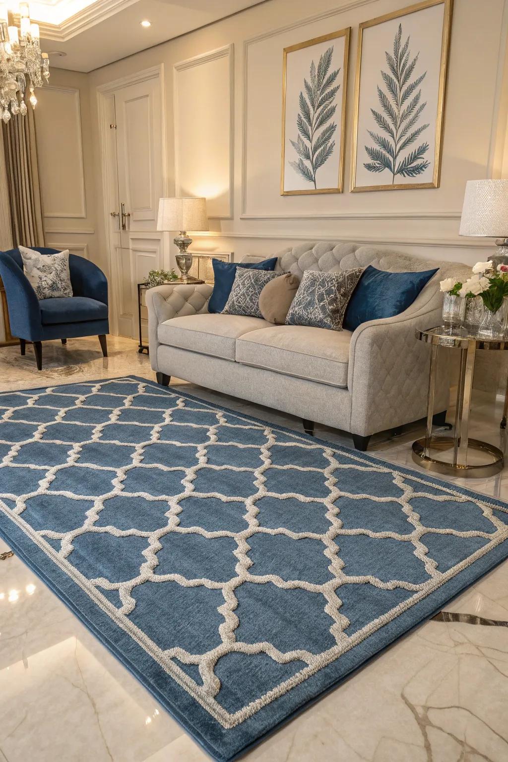 A blue and silver rug anchors this fashionable living room, serving as a visual centerpiece.