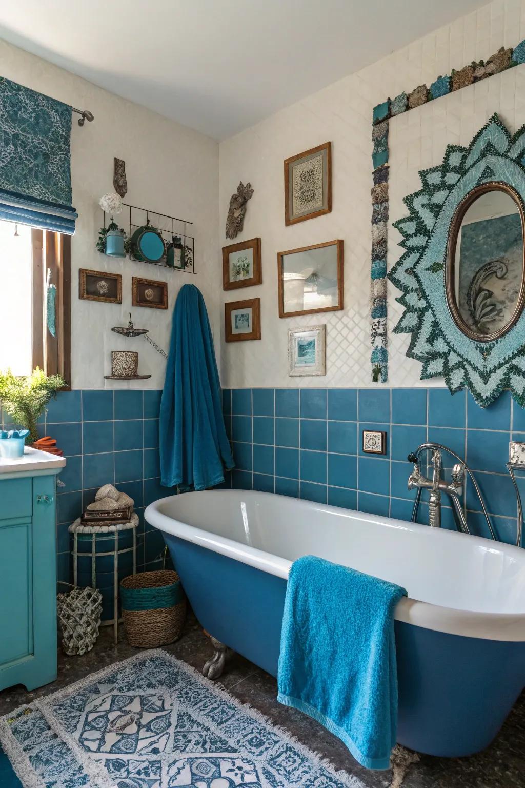 Eclectic blue elements fashion a personalized and vibrant bathroom.