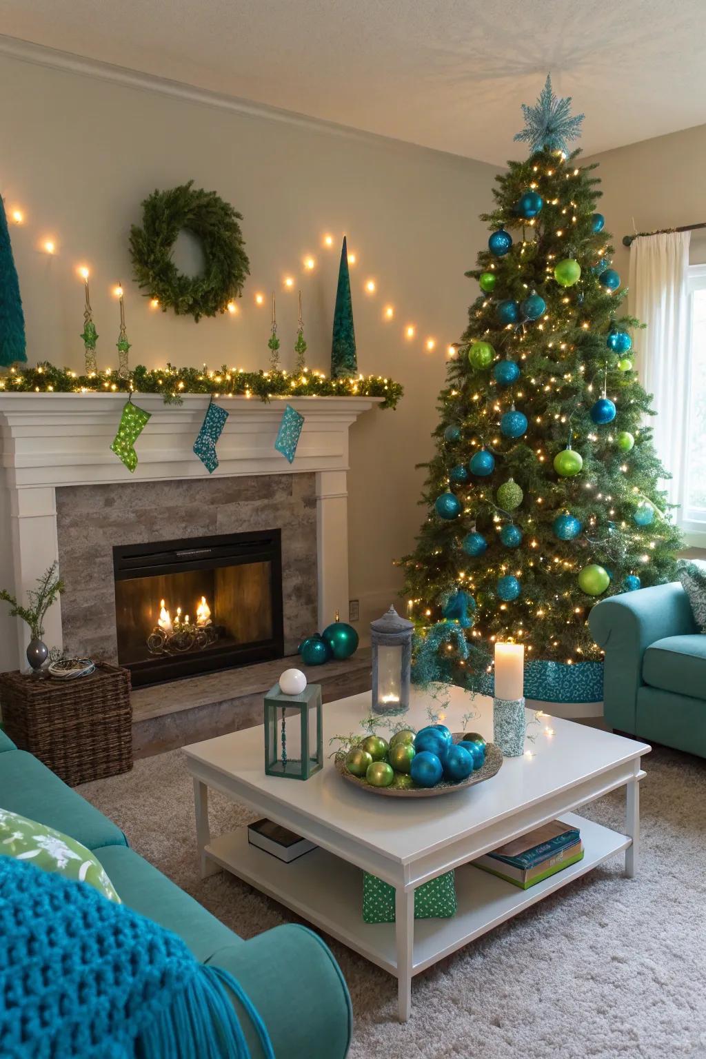 Spirited azure and verdant Christmas decorations