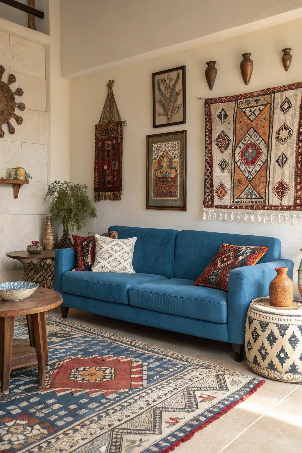 Ethnic motifs add depth and personality to a cerulean settee setting.