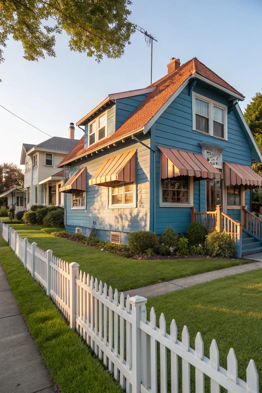 Copper features deliver a warm contrast to blue frontages.
