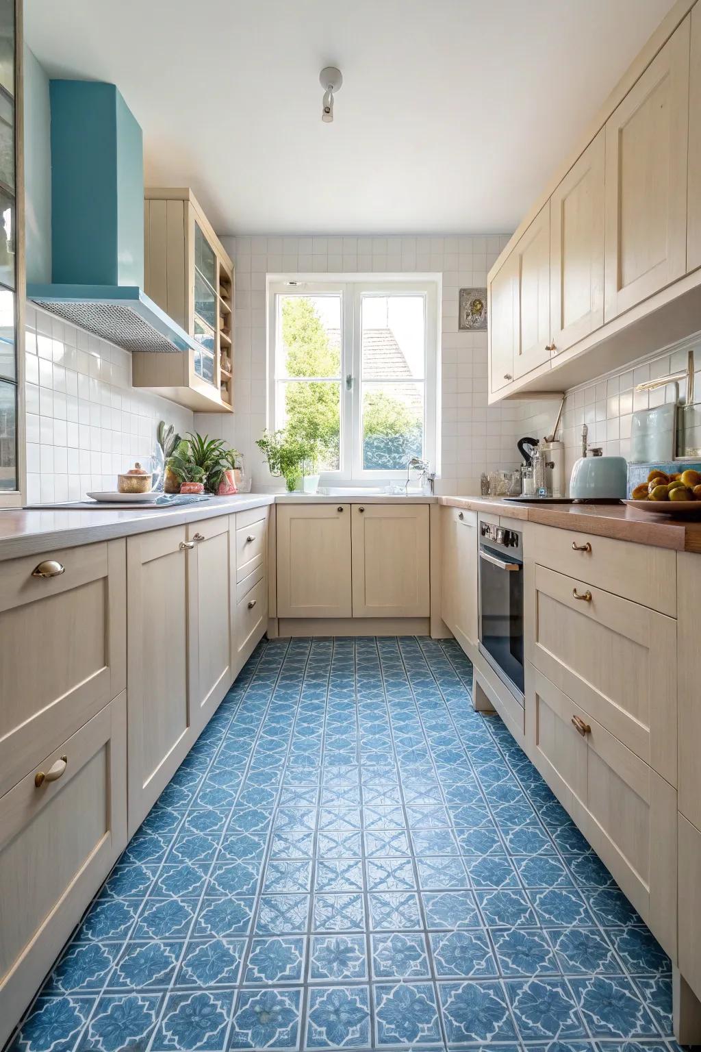 Azure floor decorations provide a bold foundation in the kitchen.