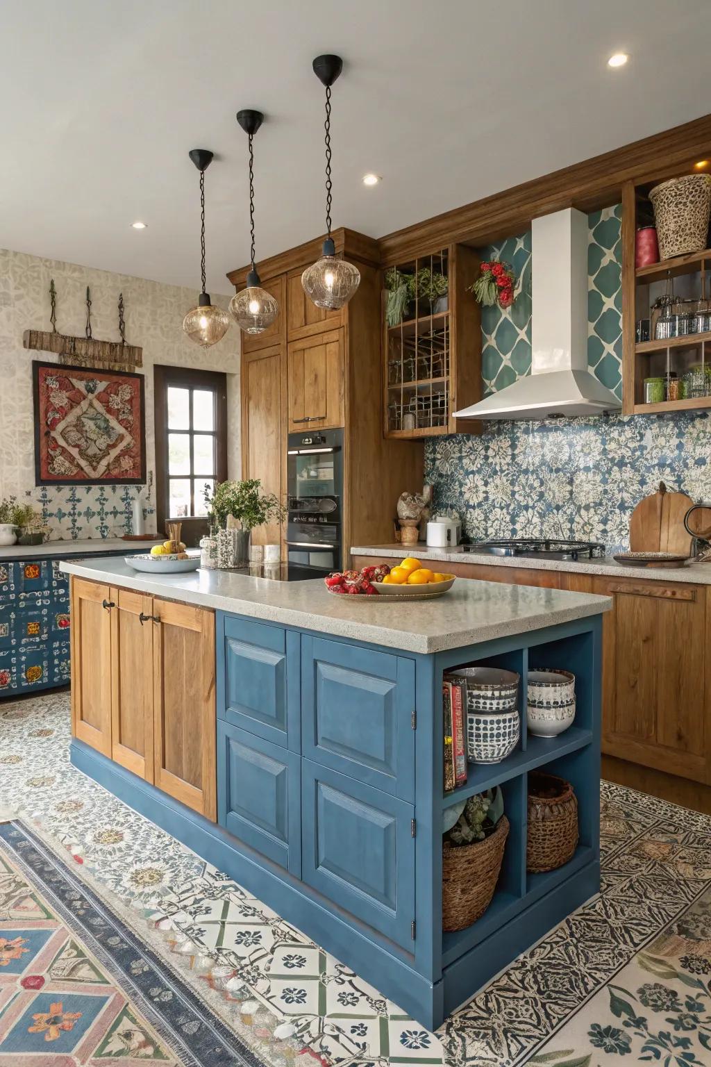 A varied blend of textures and patterns adds flair to the cerulean cooking hub.