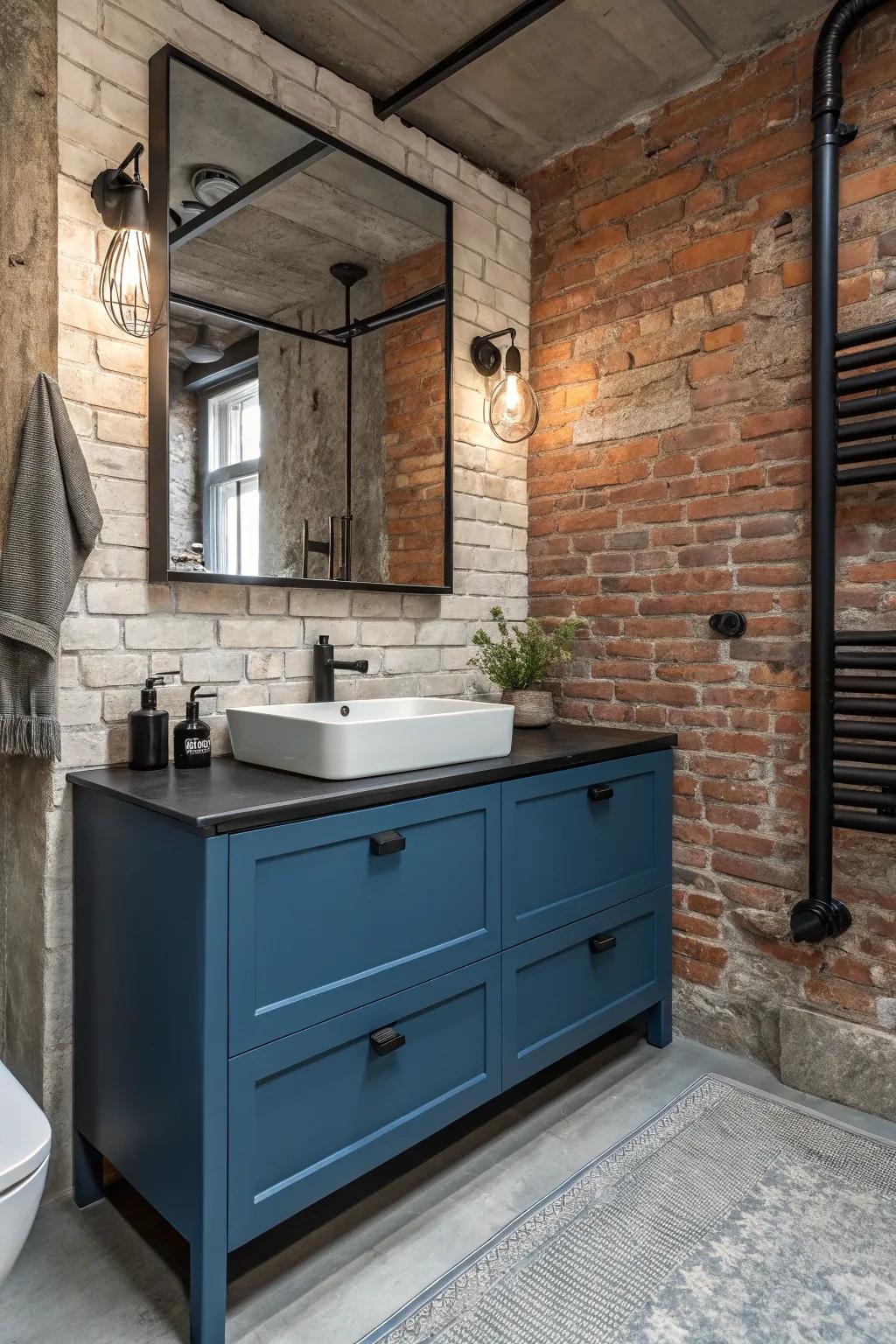Industrial elements inject an edgy impression into a blue vanity.
