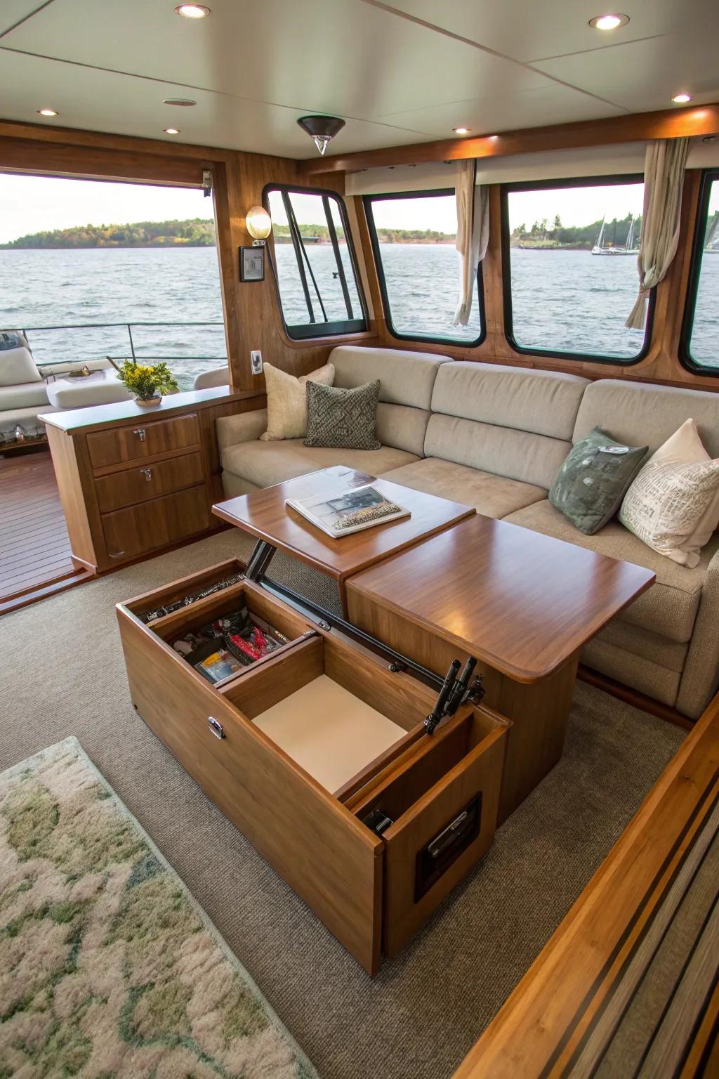 Adaptable coffee table in a adaptable boat lounge.
