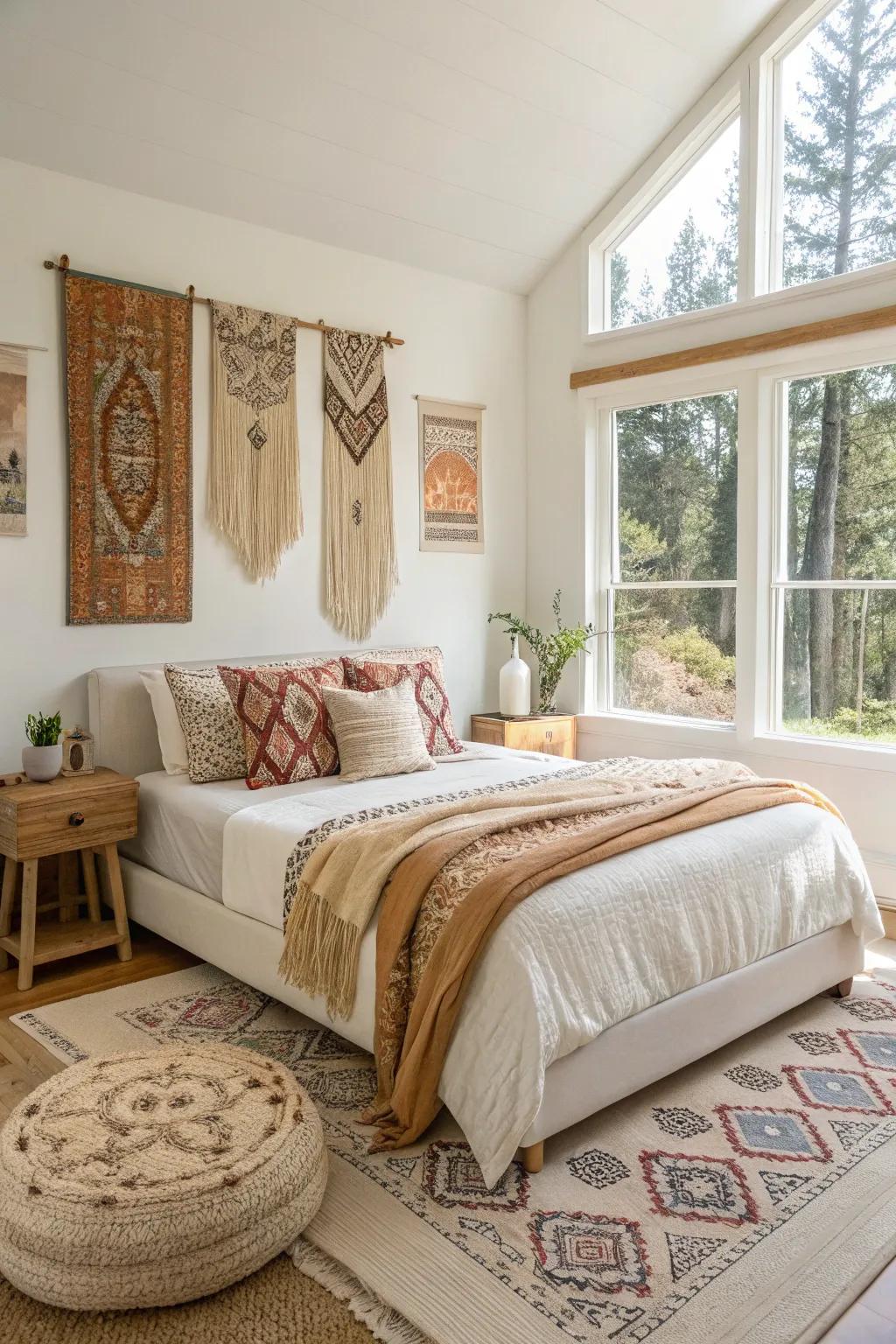 Low-slung furniture enhances the relaxed boho vibe.