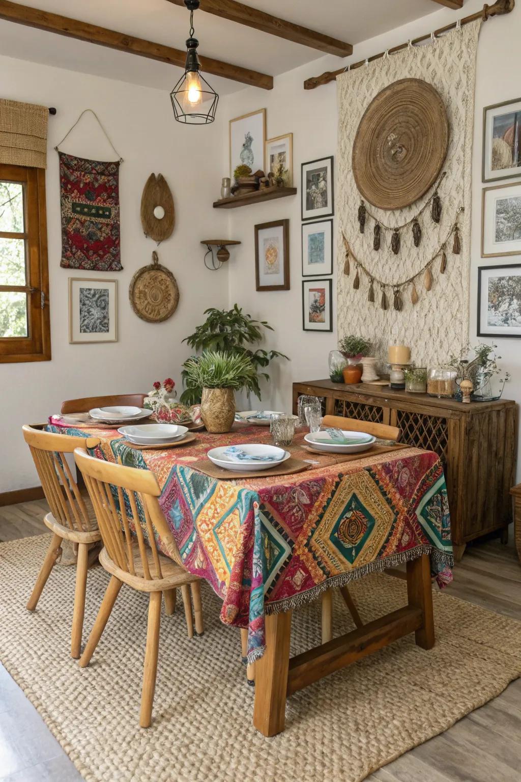 Country components harmonizing with boho decor within a dining setting.