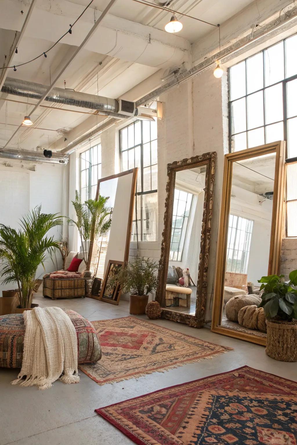 Mirrors enhance light and space in your boho loft.