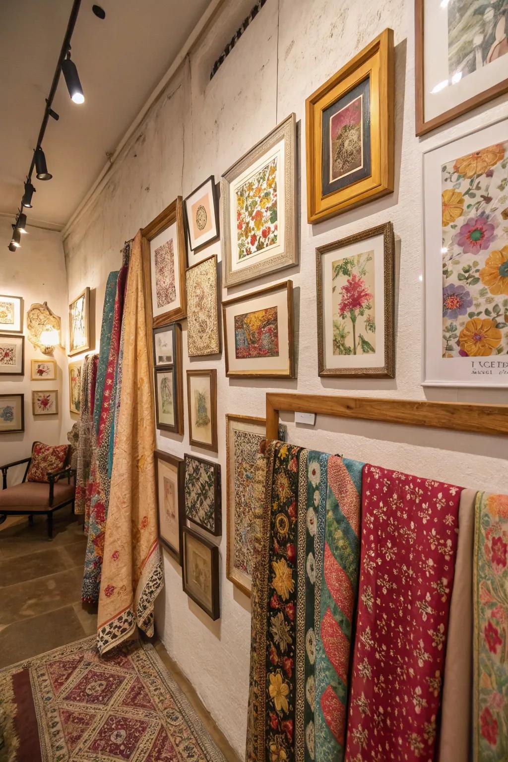 Framed vintage fabrics add history and allure to this bohemian wall.