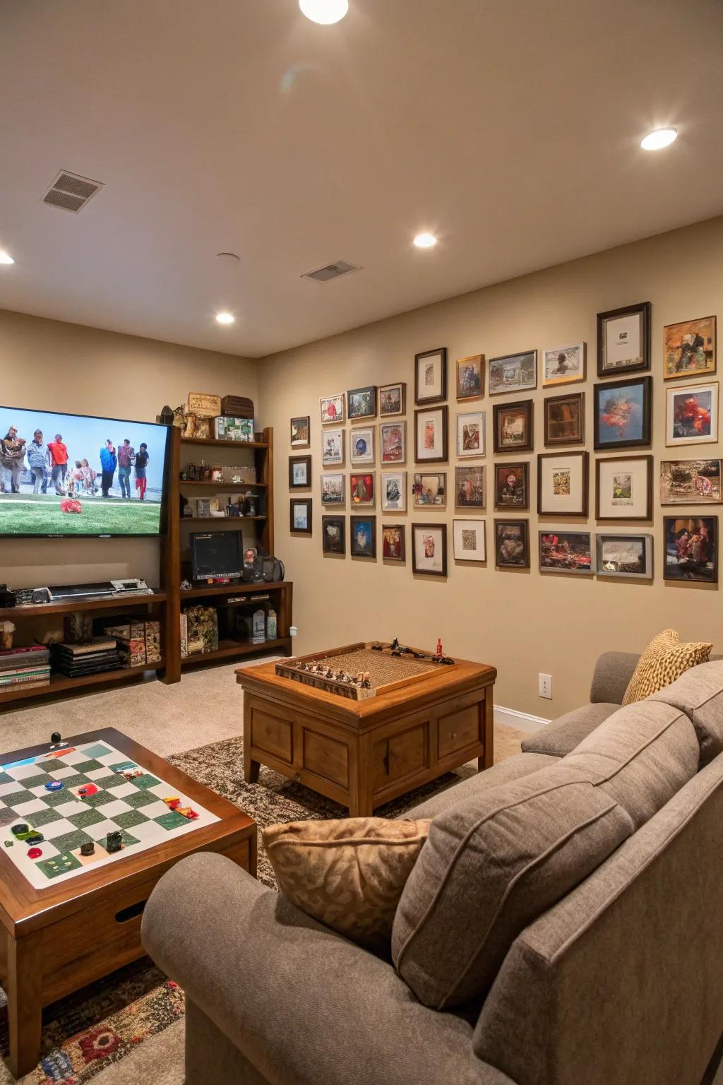 A family memory display adds personality to your game room.