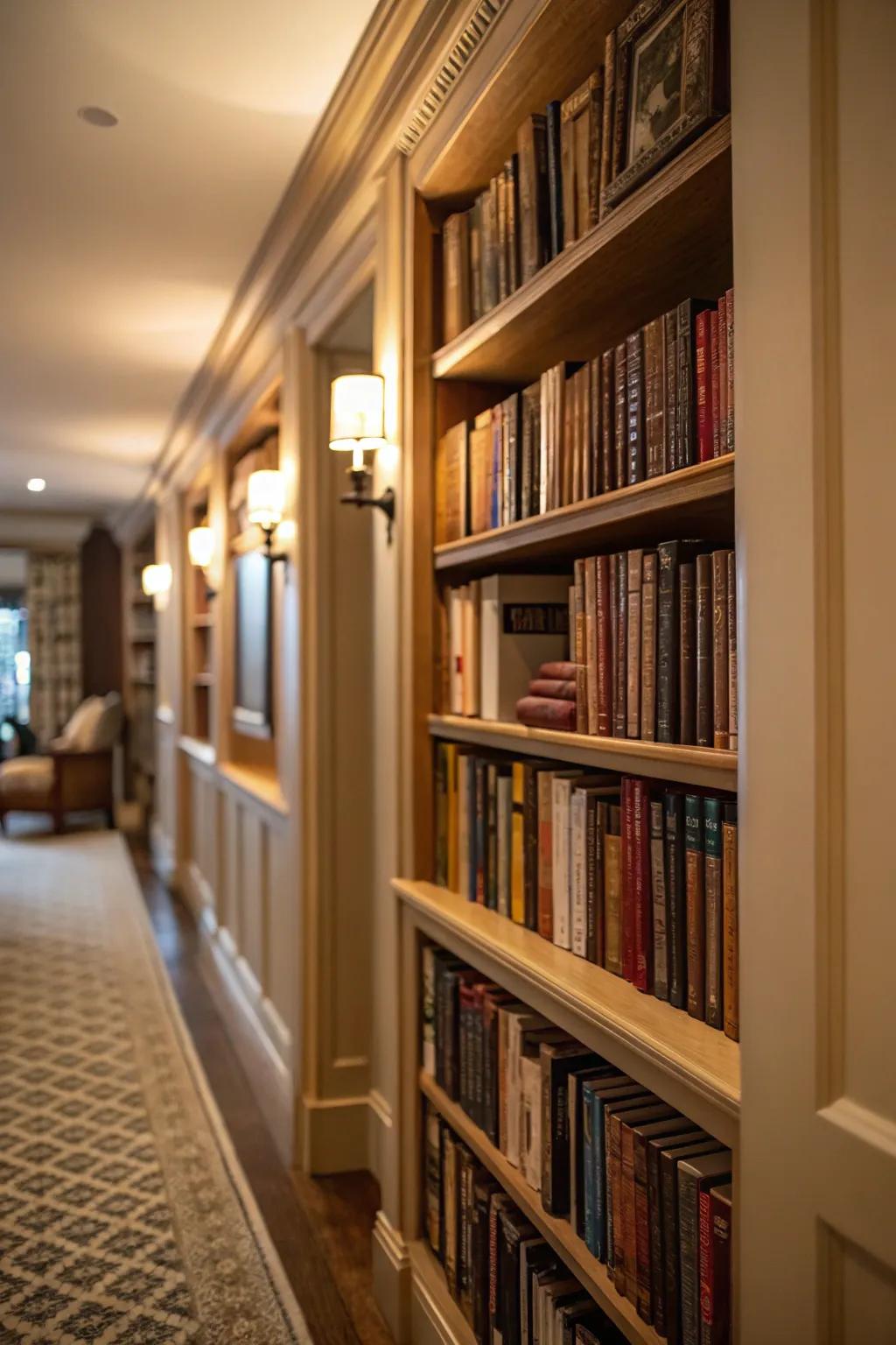 Custom shelves turn awkward spaces into functional areas.
