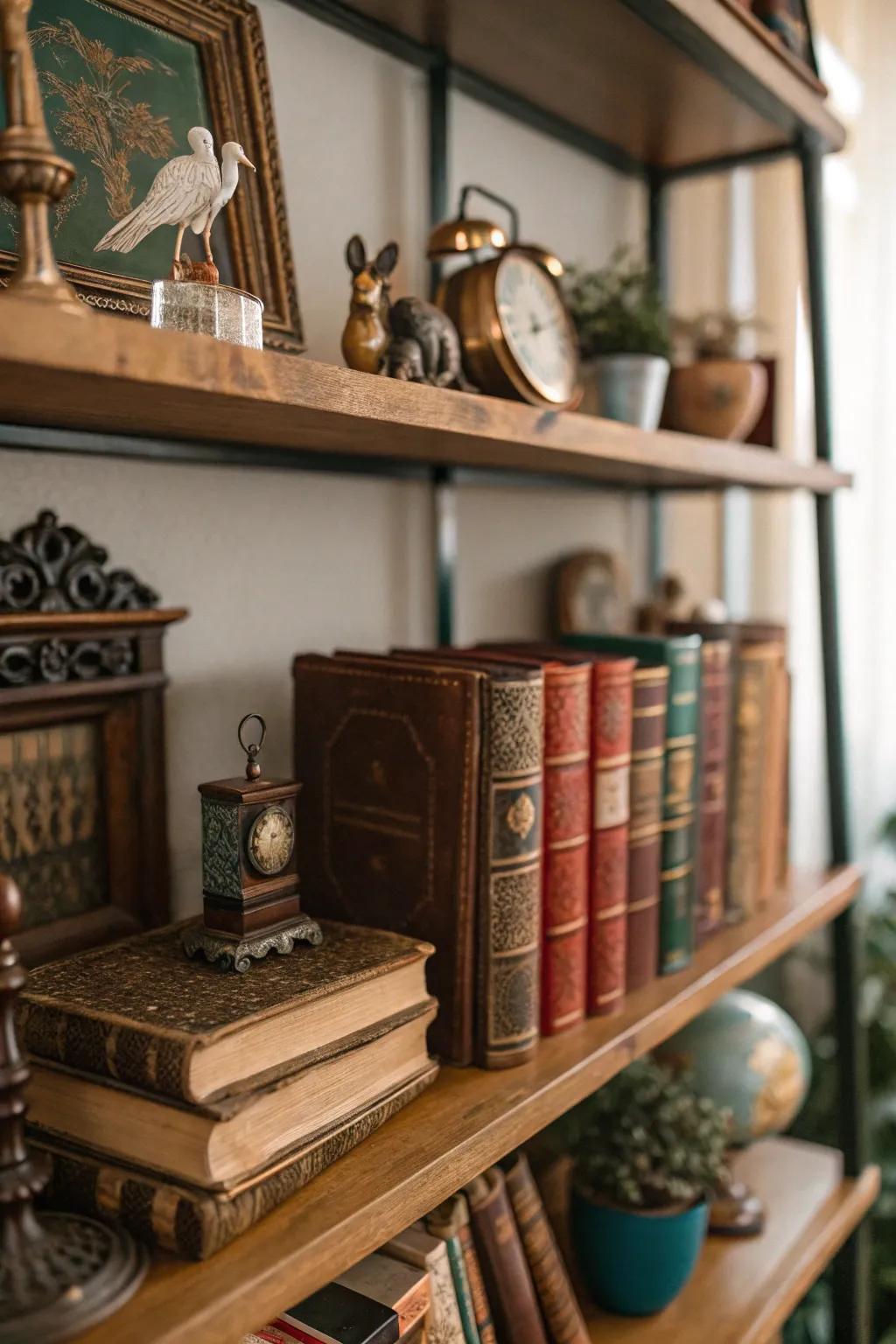 Antiquities bestow history and allure upon a bookshelf's decor.