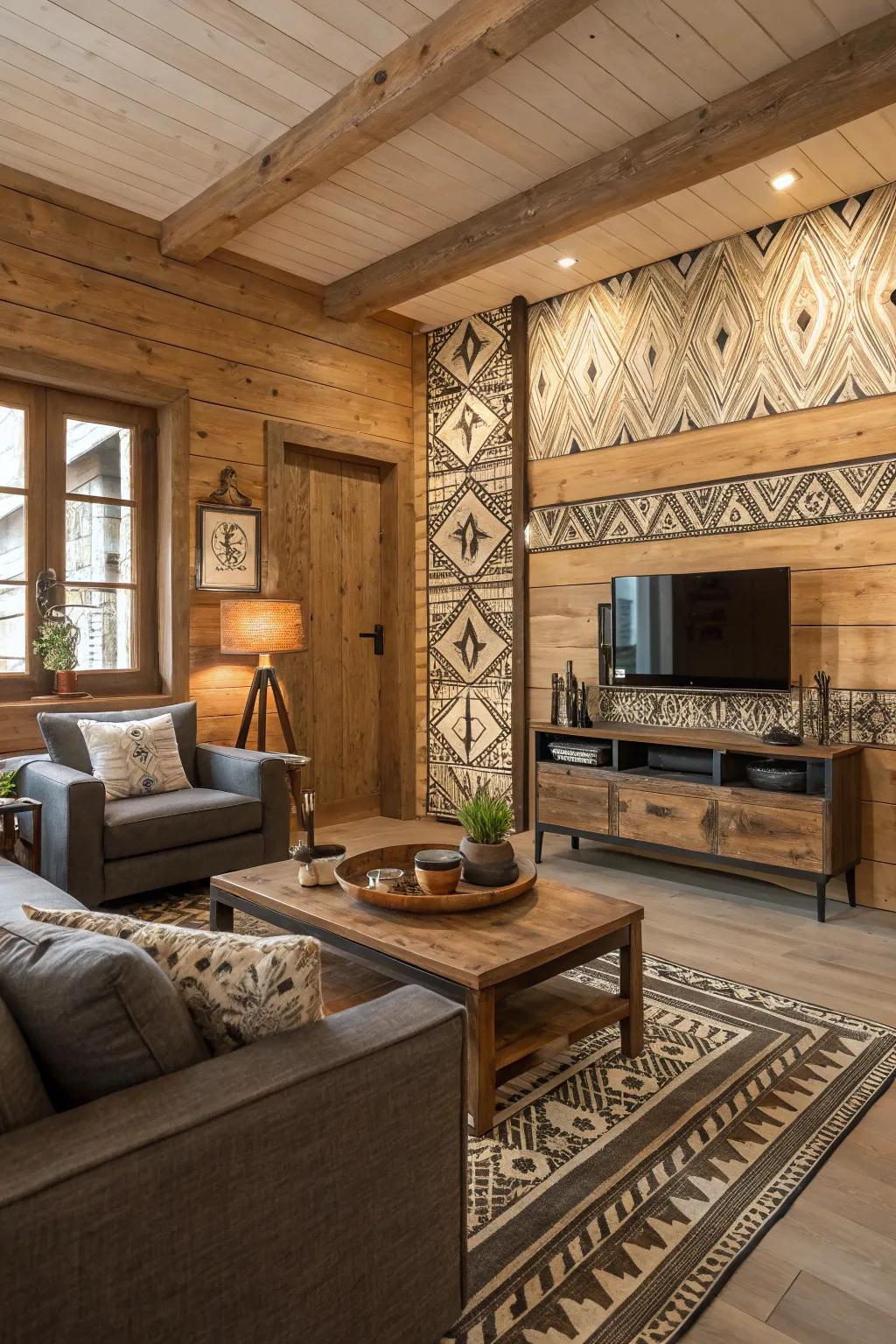 Modern rustic borders craft a snug yet stylish ambiance.