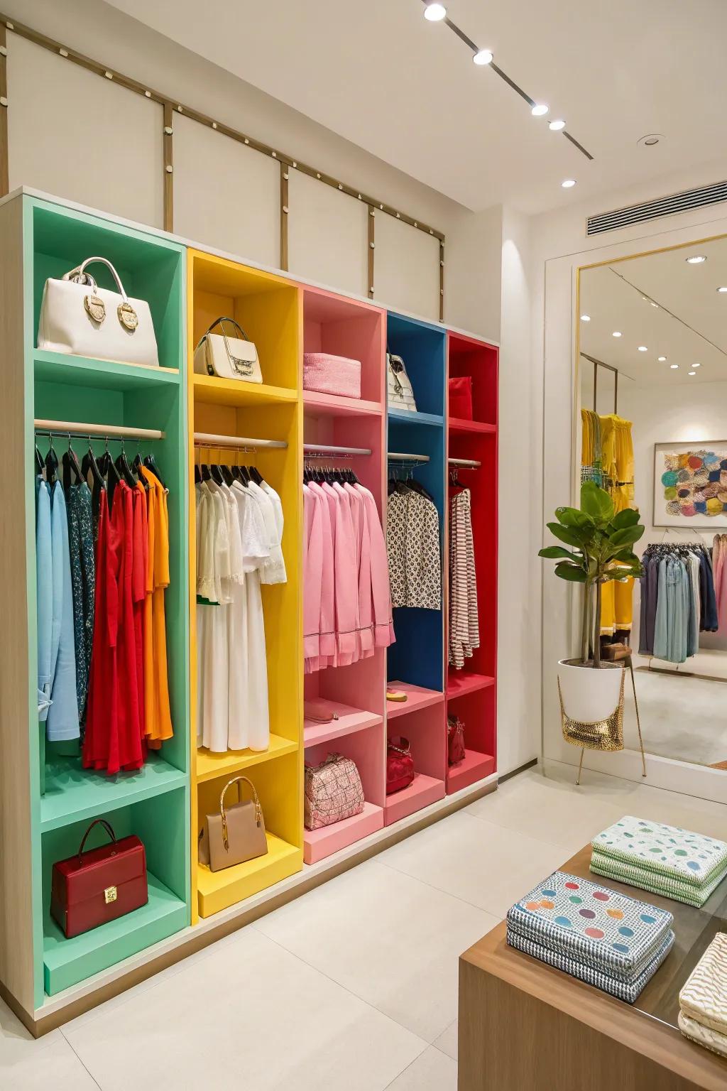 A boutique interior with organized displays of colors, designing an organized and visually pleasing setup.