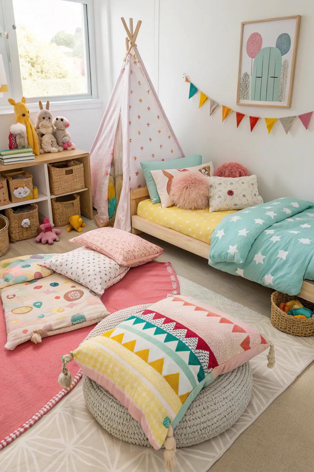 A variety of fabrics like cushions and throws add comfort and style.