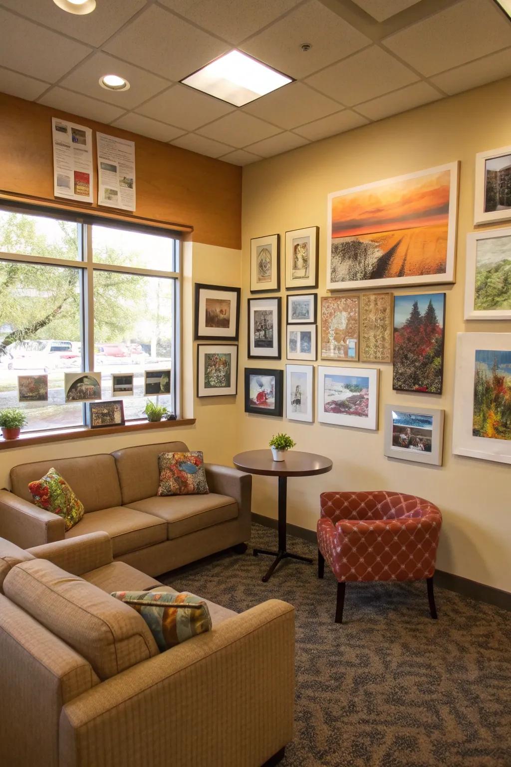 A revolving gallery keeps the area dynamic and interesting.