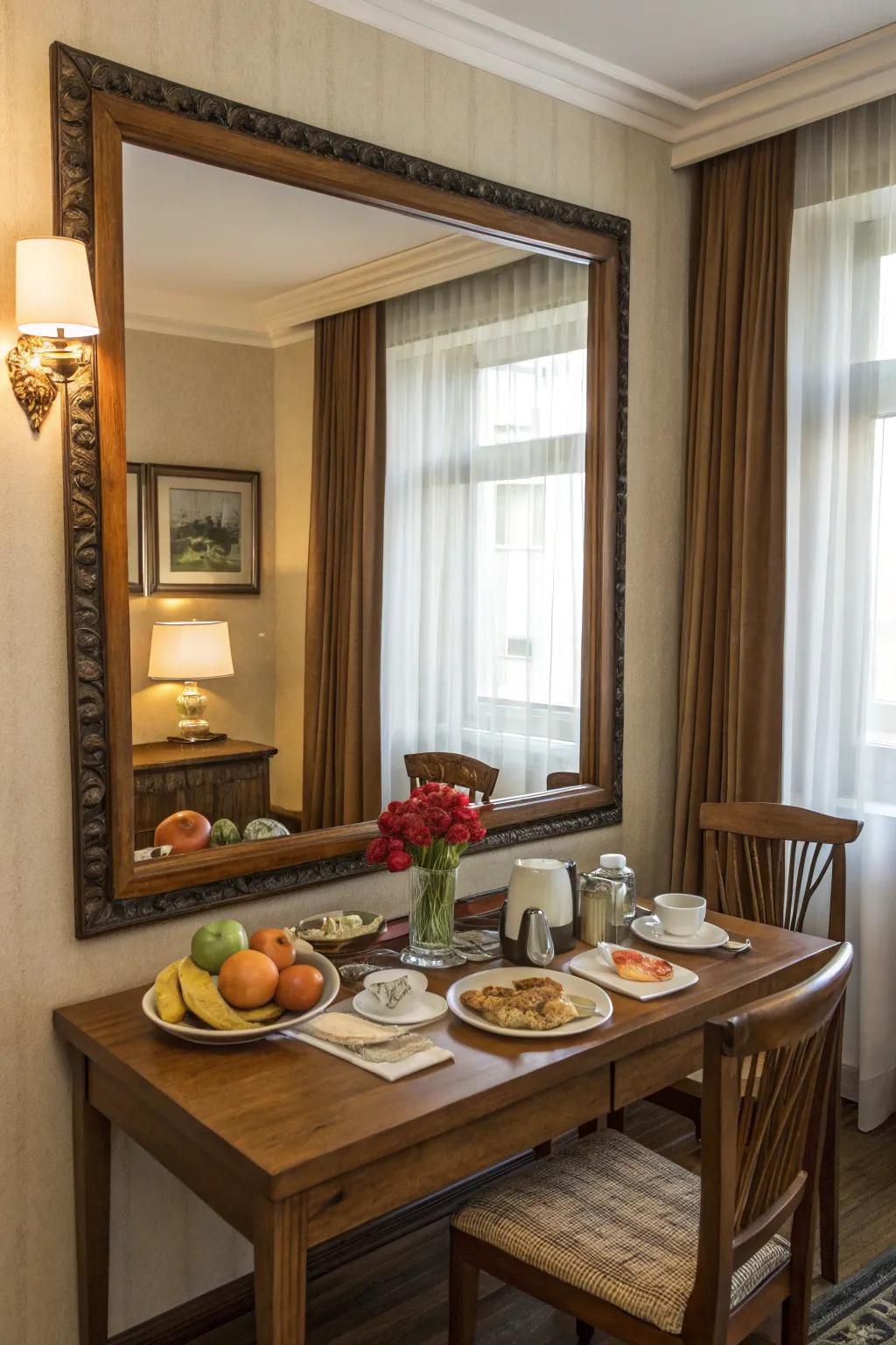 A mirror can reflect light and create the illusion of a bigger space.