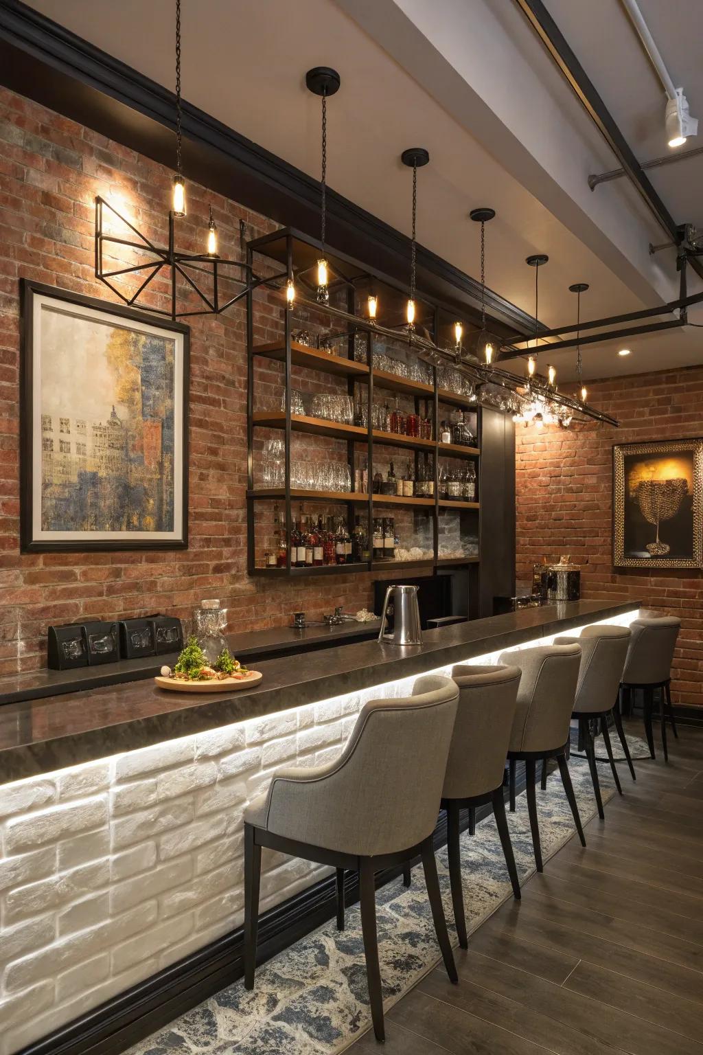 Smart storage units keep a brick wall bar tidy and stylish.