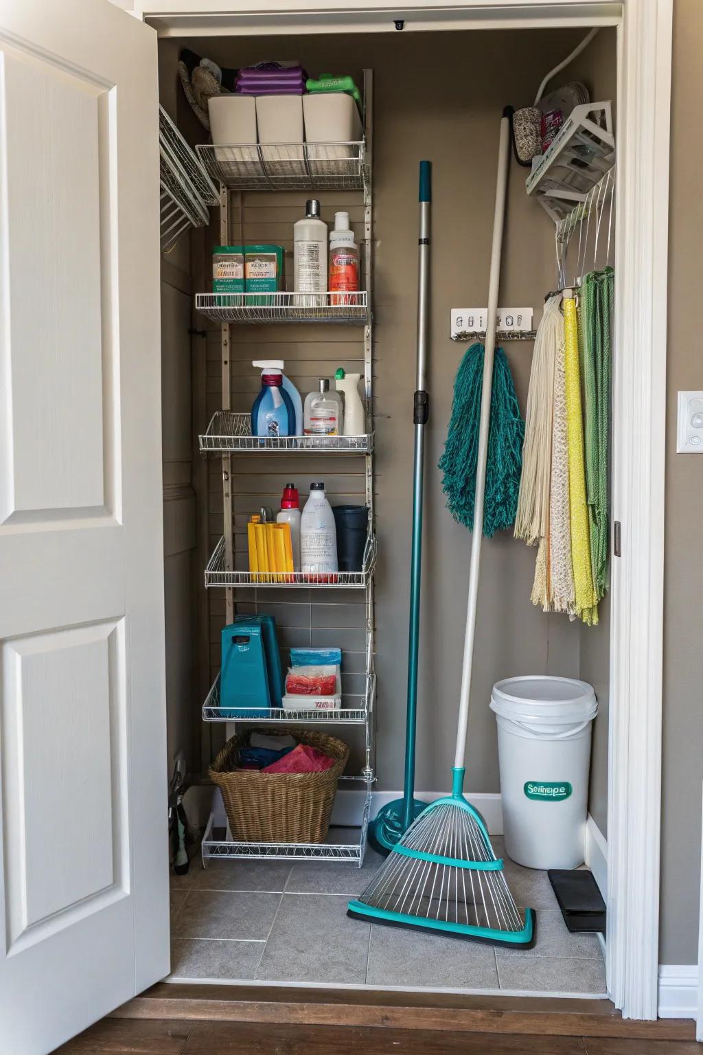 Wire shelving provides a versatile and breathable storage option.