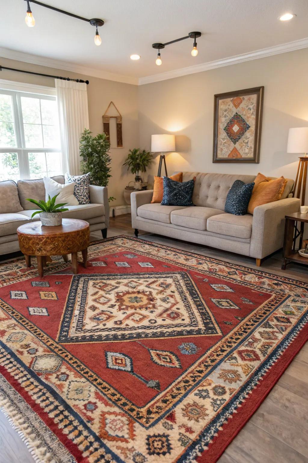 A bold rug can be the main point of your living room's design.