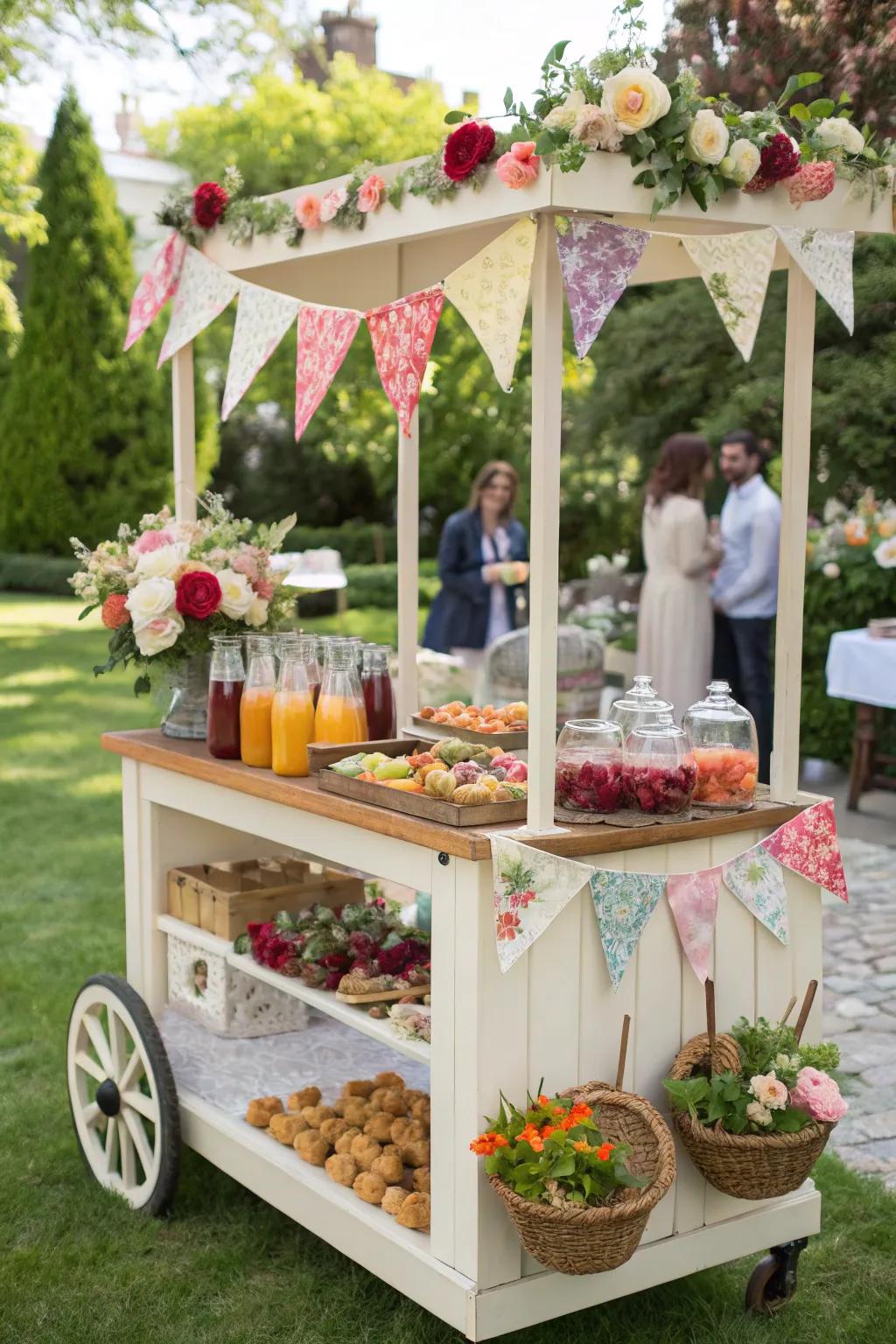 A vendor cart enhances allure and functionality to outdoor buffet settings.