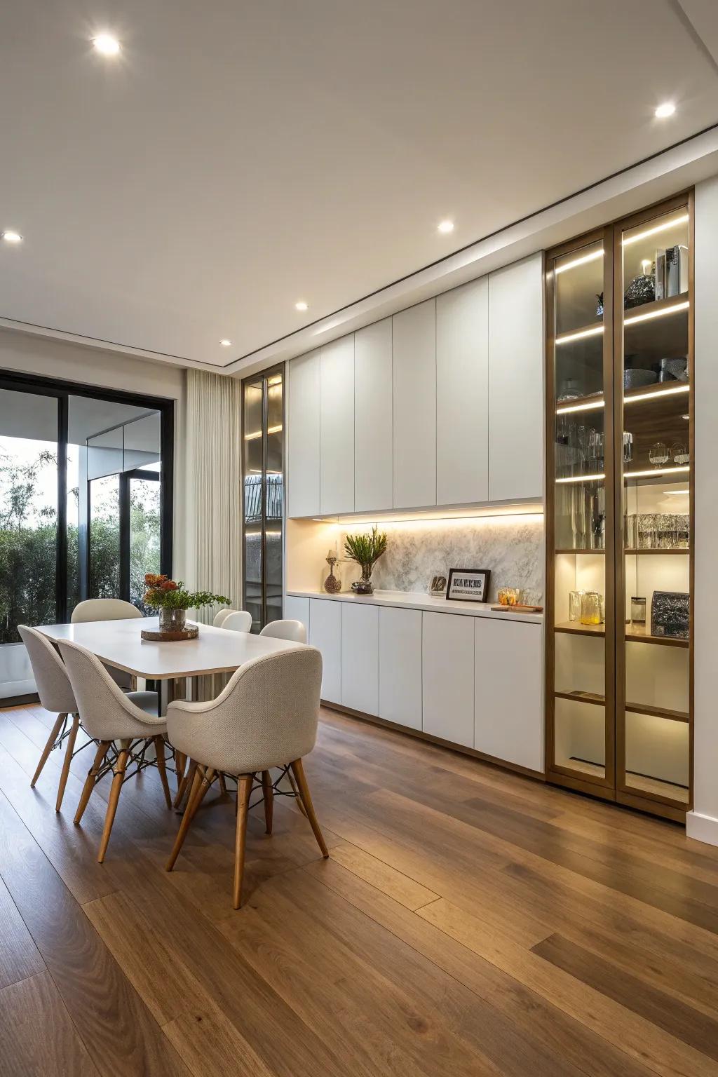 Sleek and modern elevated cabinets in a dining room.