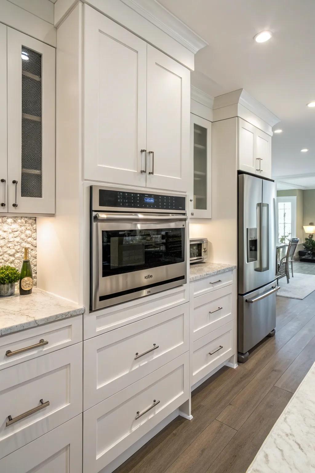 Stylish kitchen showcasing a built-in niche for the microwave.