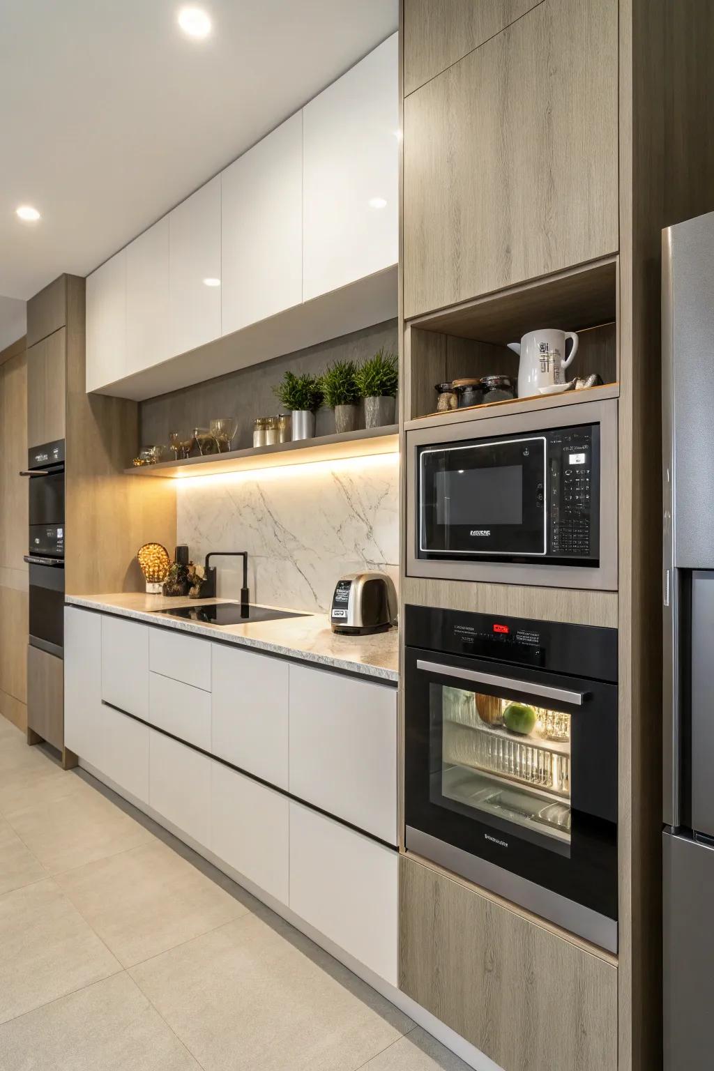 A microwave cleverly nestled in a wall niche for a unique appearance.