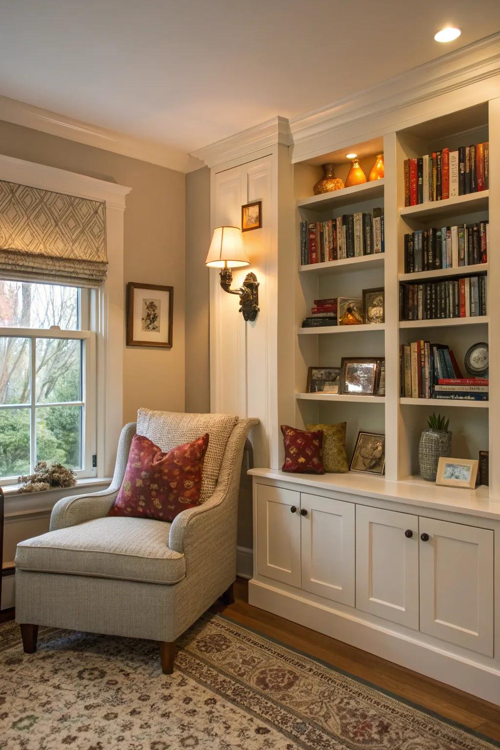 A reading spot throughout the built-in shelving provides a cozy getaway.