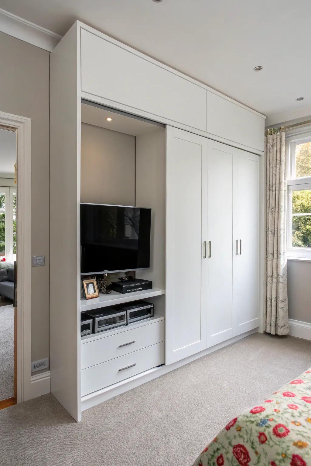 A concealed TV compartment maintains a streamlined and orderly bedroom aesthetic.