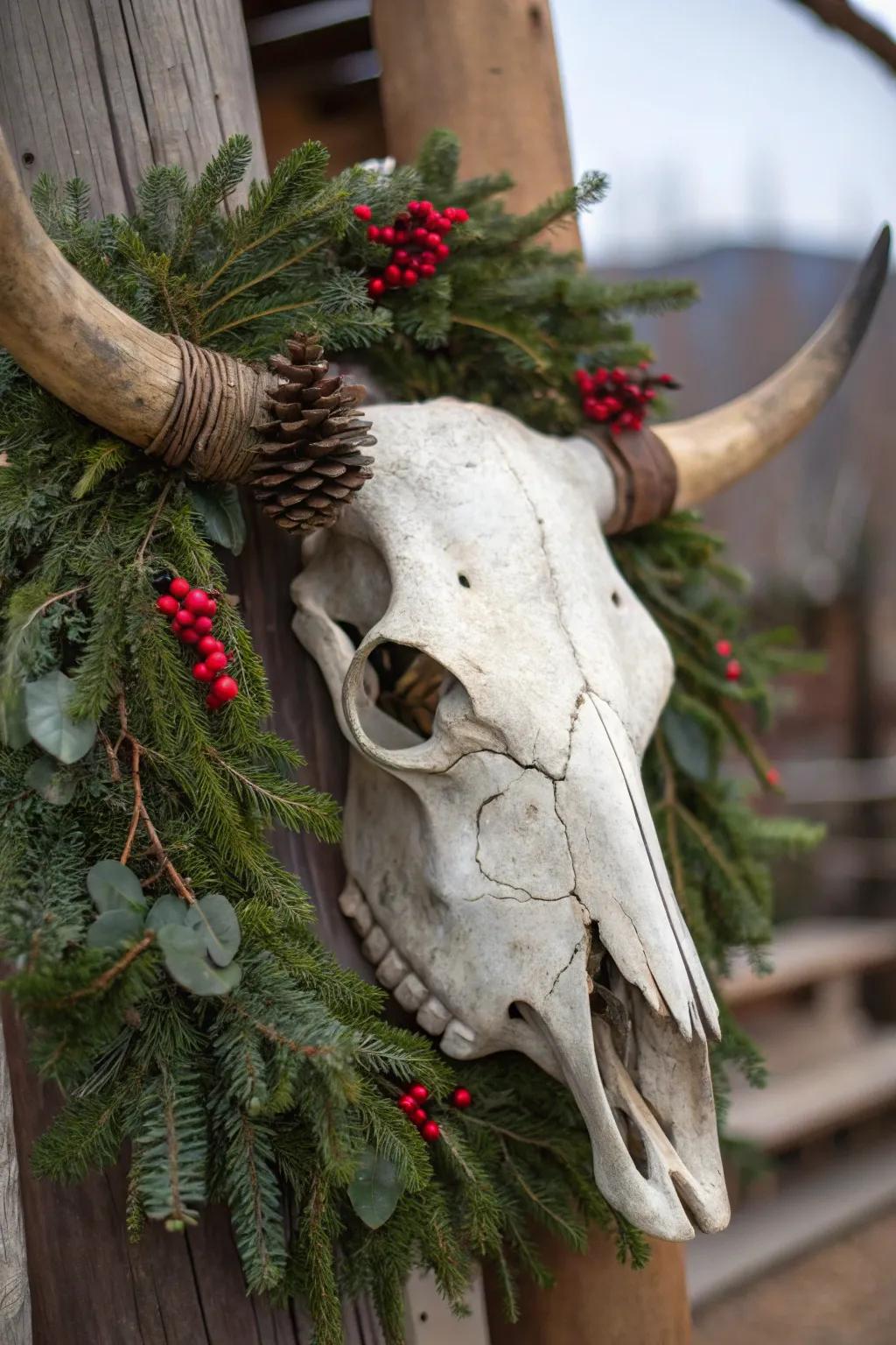 Seasonal transformation with a decorated cattle skull.