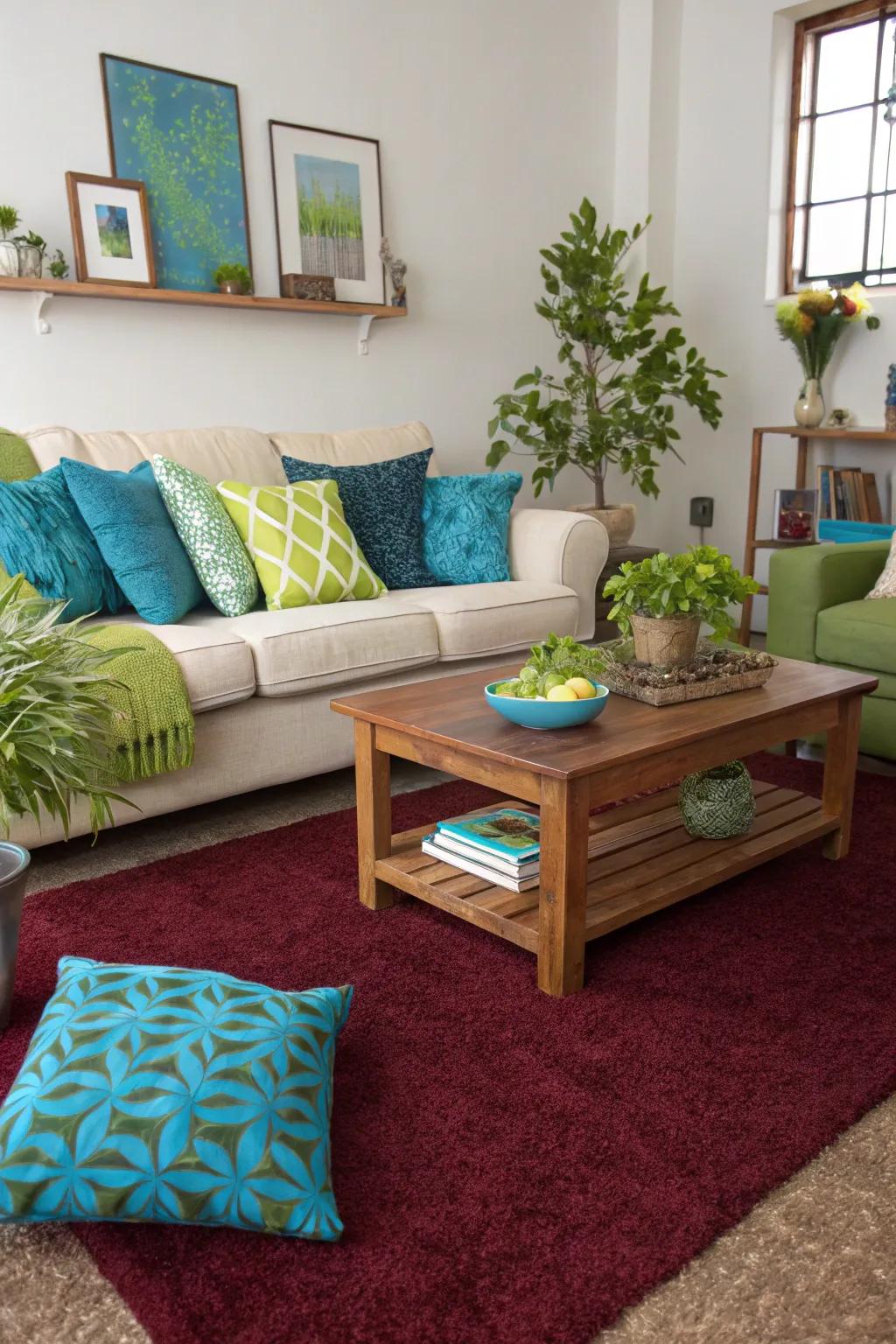 A striking color infusion brings a fresh sensation to a claret floor covering.