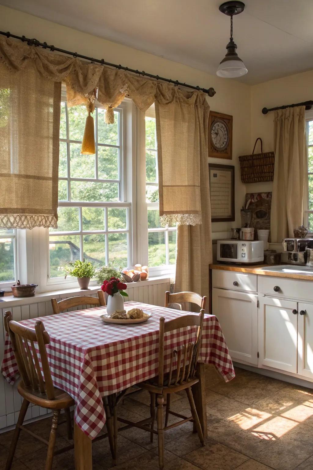 Sackcloth half-drapes: quaint country charm.