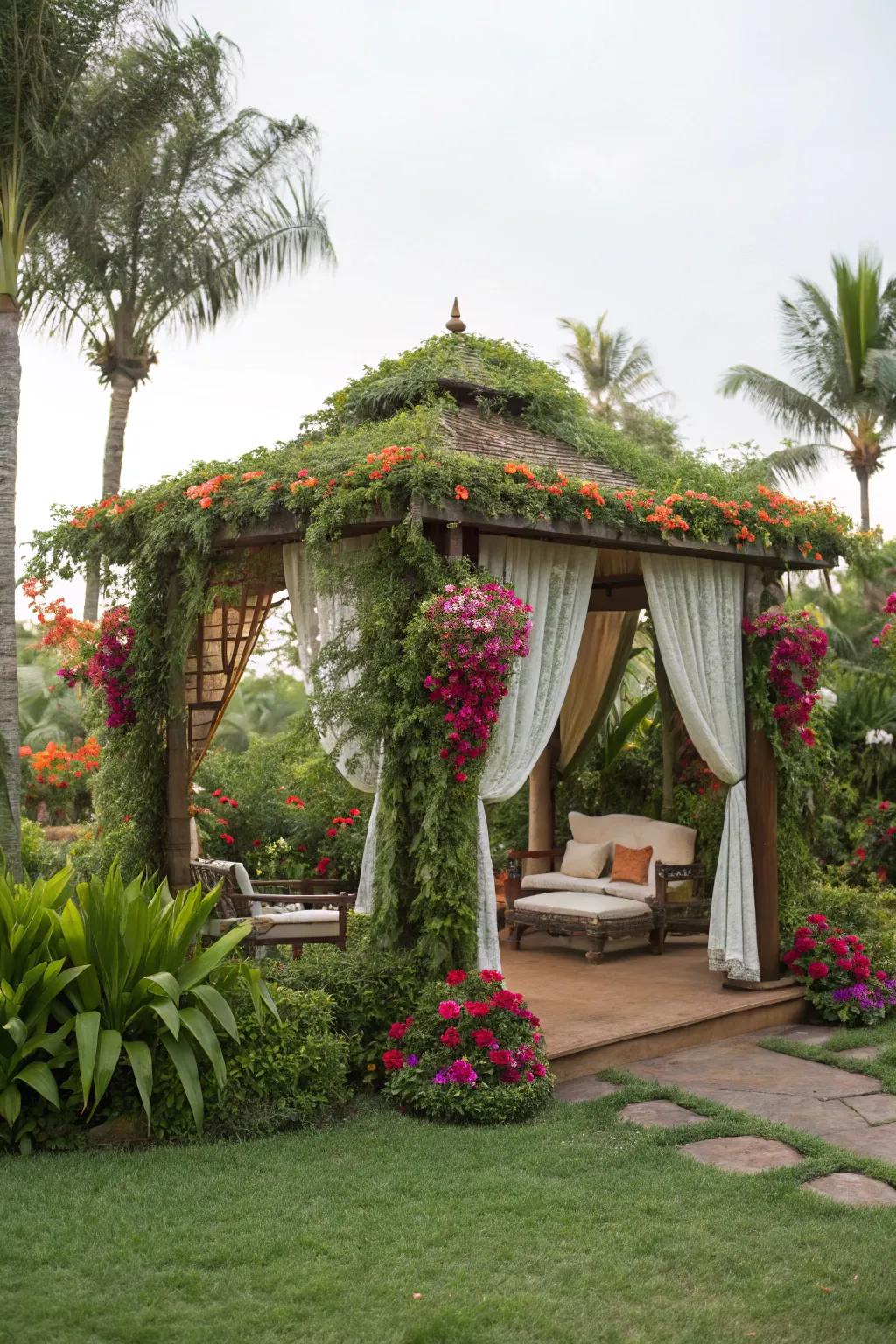 A vibrant garden cabana encircled by nature.
