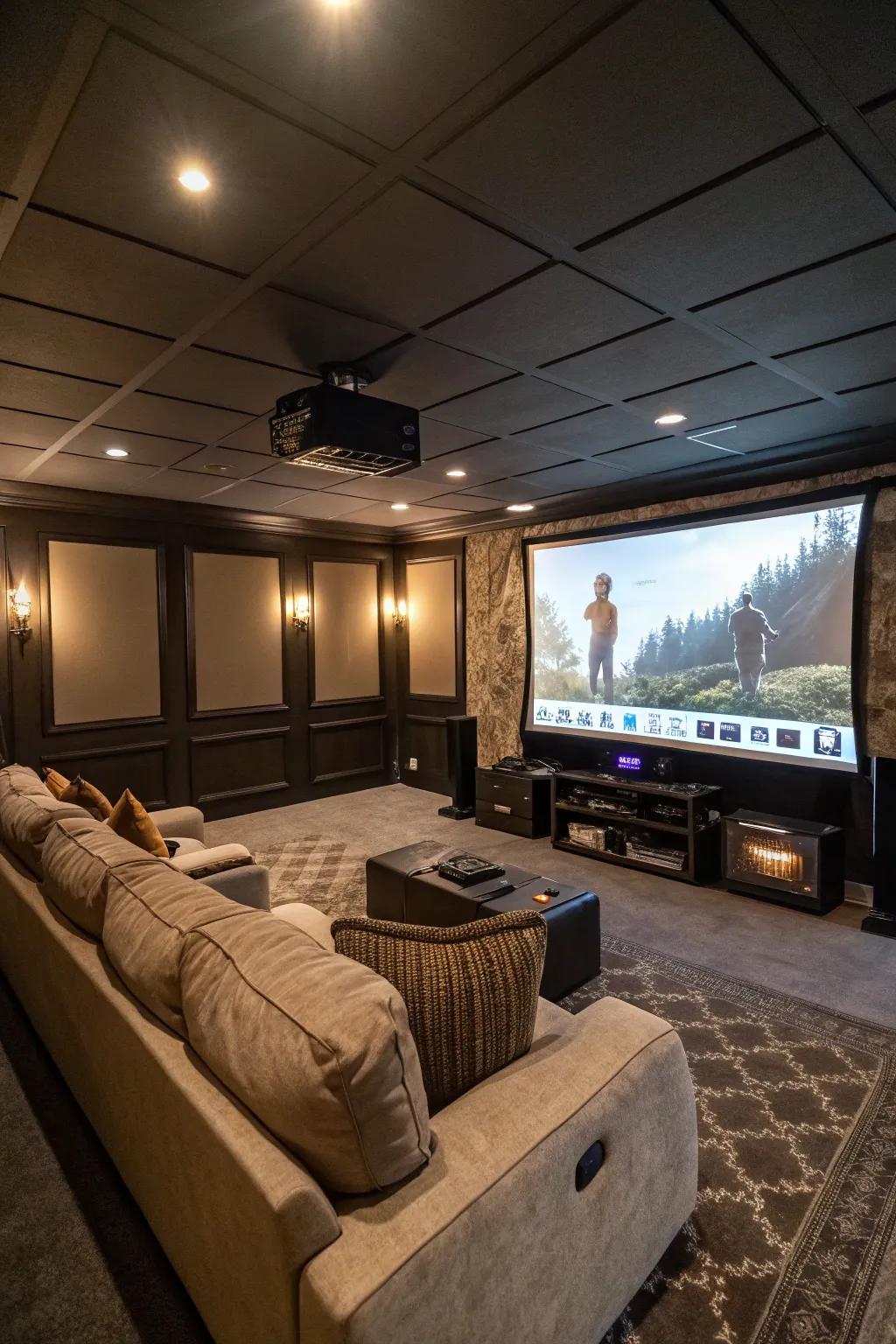 A concealed projector proffers a cinematic affair in your game room.