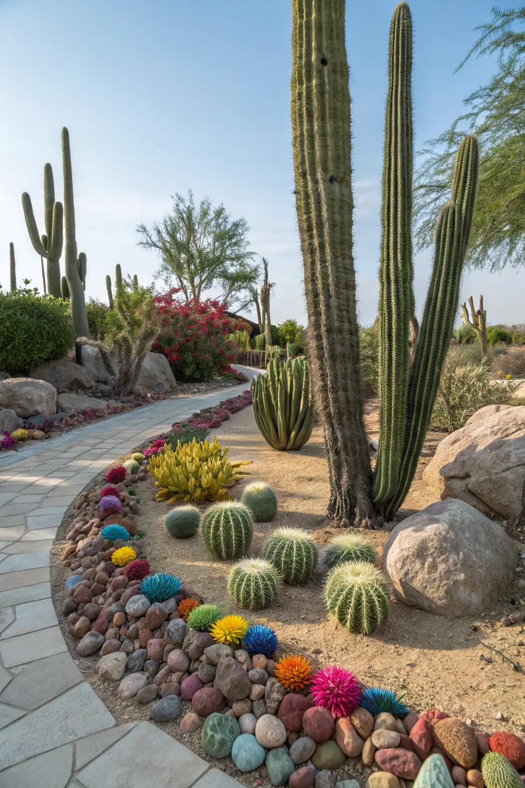 Vibrant stones enhancing the aesthetic charm of a cactus garden.